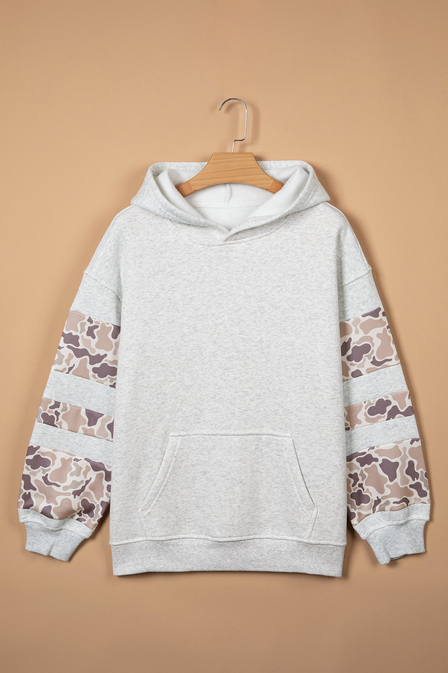 Light Grey Patchwork Camo Long Sleeve Hoodie