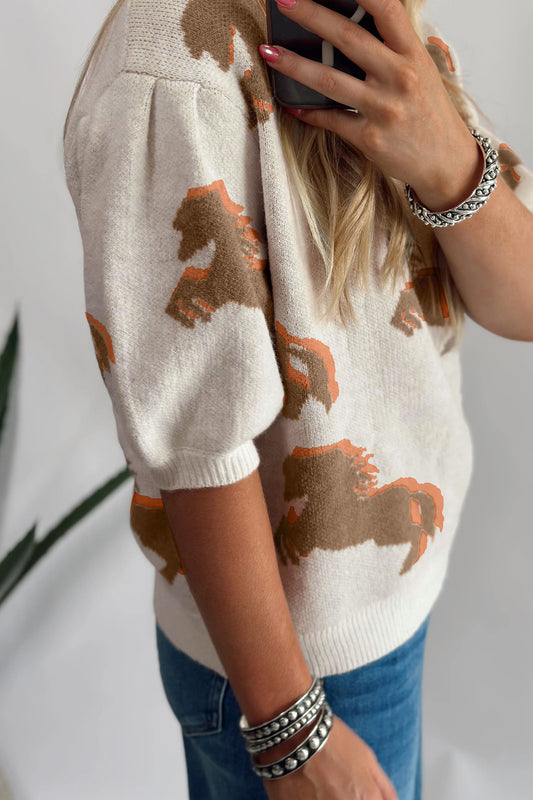 Western Horse Puff Sleeve Sweater
