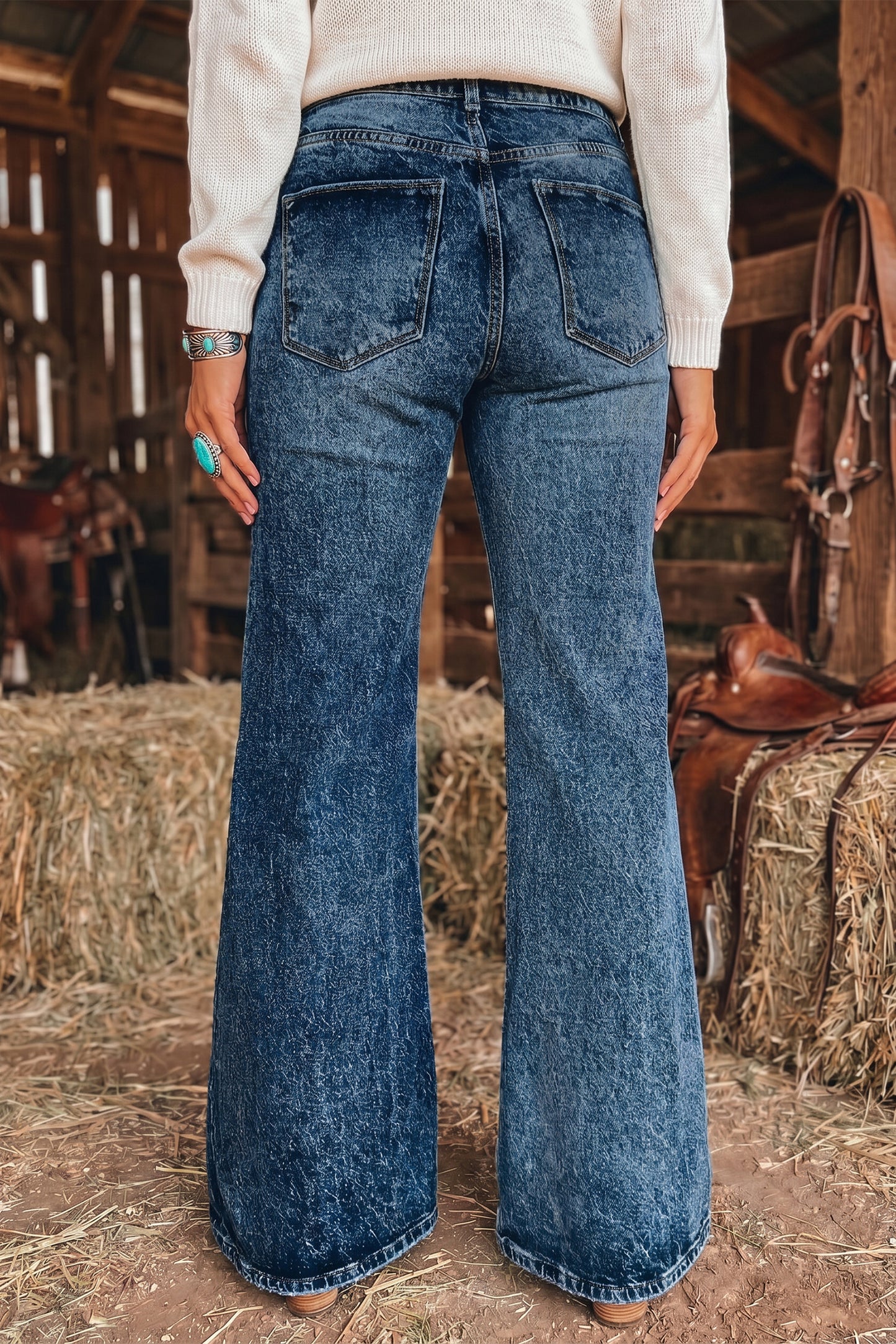 Blue Acid Wash Pocket Detail Flare Jeans