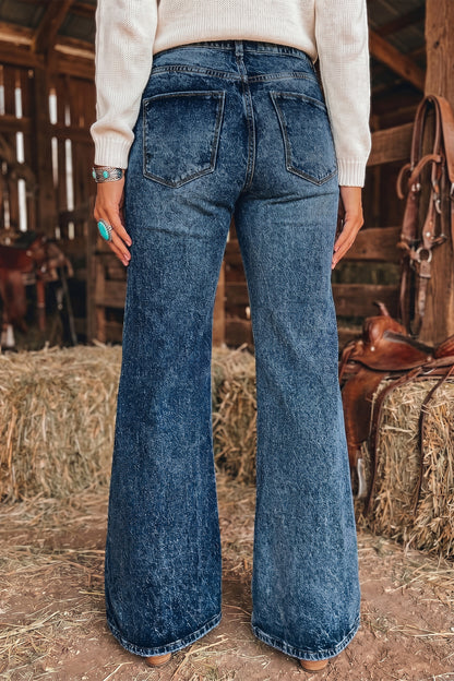 Blue Acid Wash Pocket Detail Flare Jeans