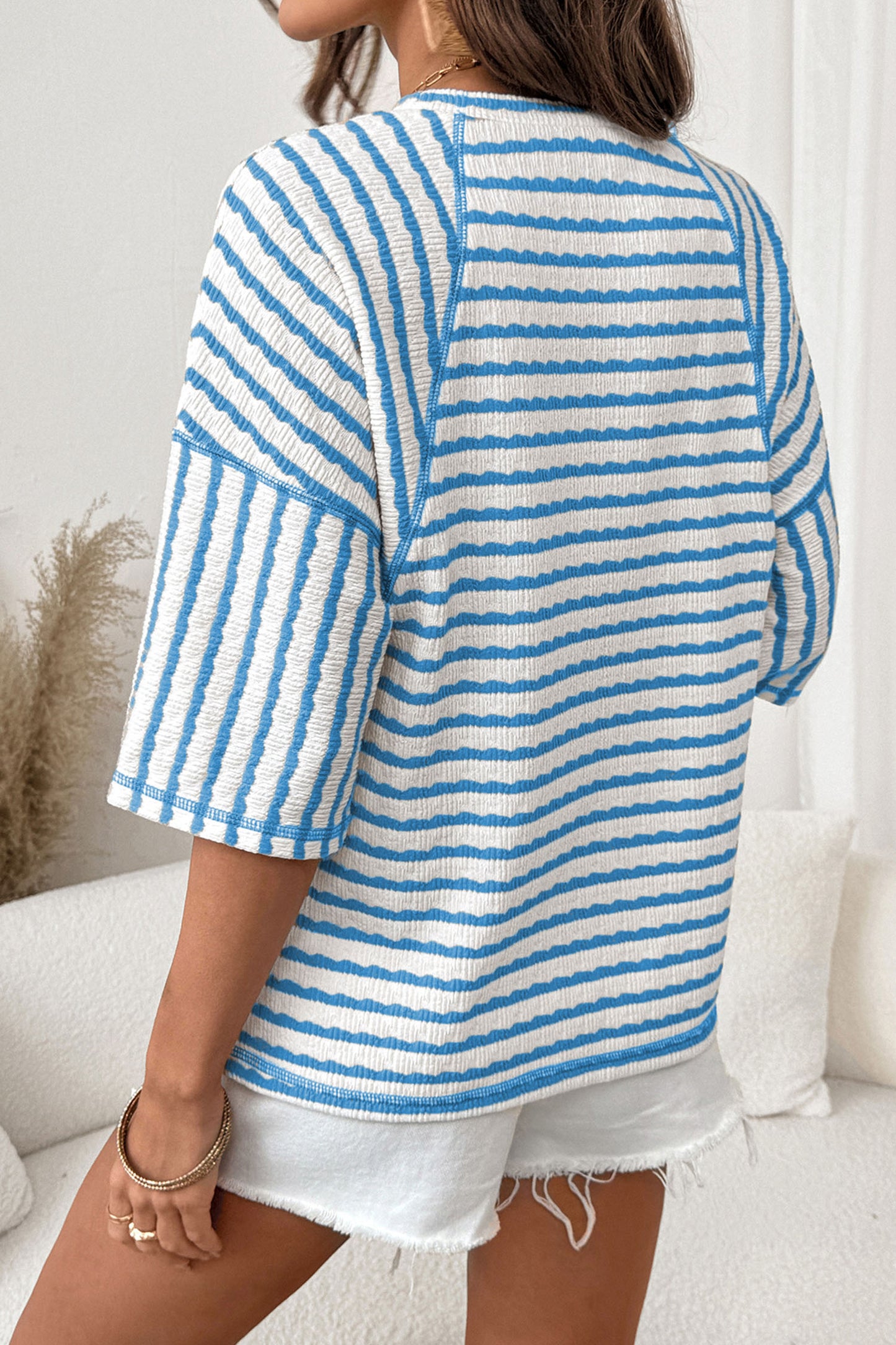 Stripe Textured Knit Half Sleeve Top
