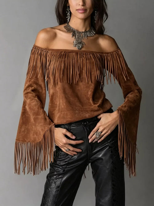 Full Size Fringed Off-Shoulder T-Shirt Plus Size
