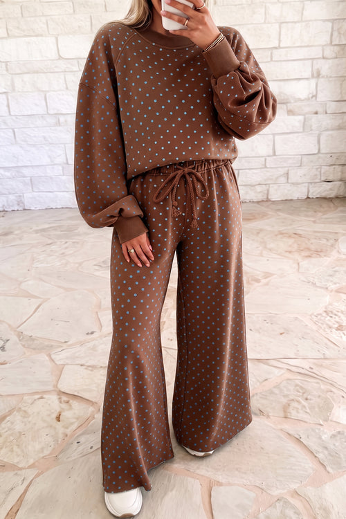Brown Polka Dot Drawstring Wide Leg Long Sleeve Top Pant Set