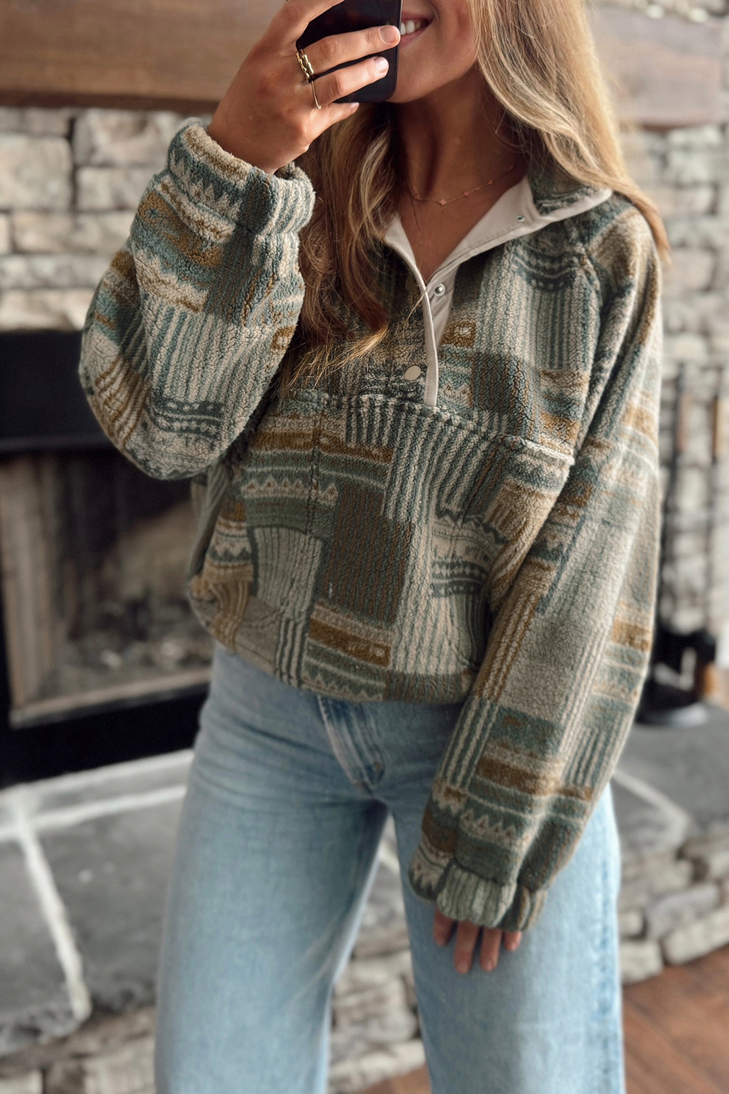 Green Western Print Fleece Pullover