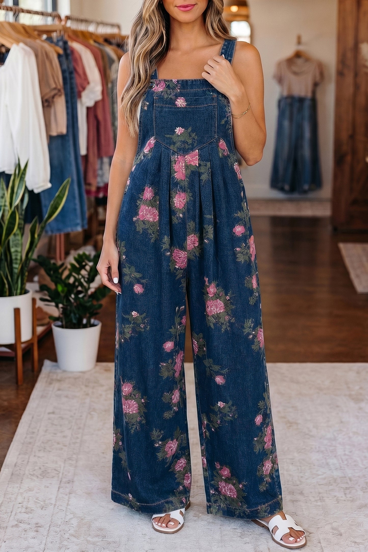 Blue Beau Floral Print Pleated High Waist Wide Leg Denim Jumpsuit