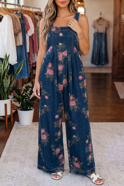 Blue Beau Floral Print Pleated High Waist Wide Leg Denim Jumpsuit