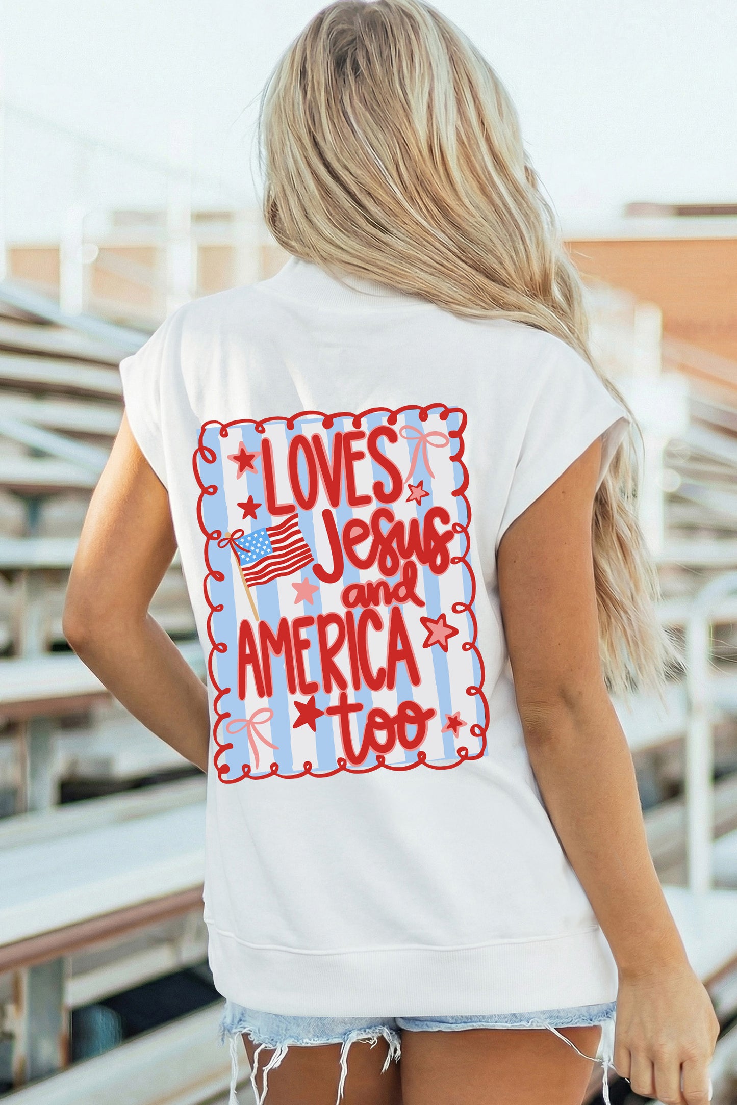 White Patriotic Flag Double Printed Mock Neck Tee