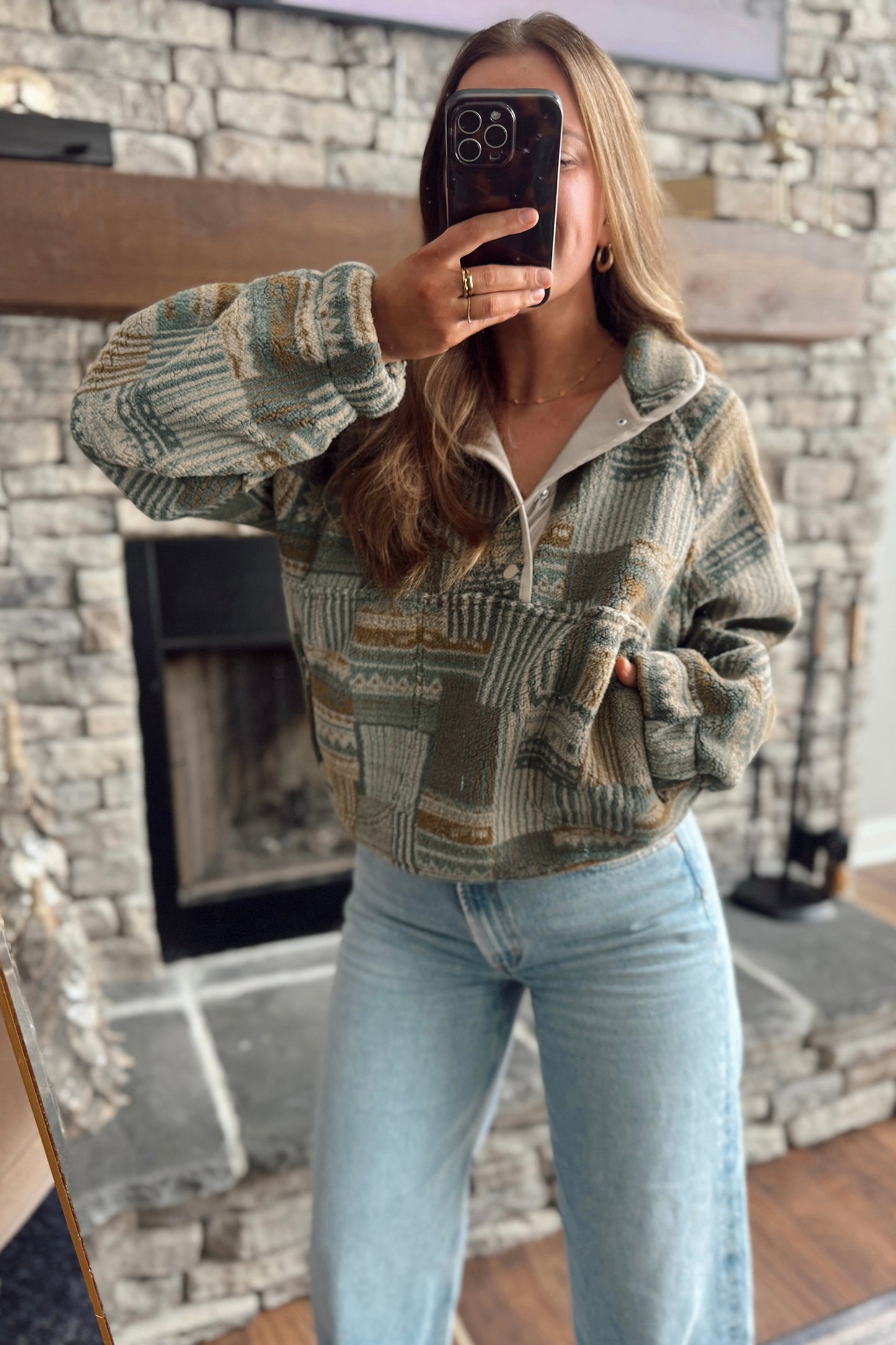 Green Western Print Fleece Pullover