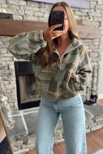 Green Western Print Fleece Pullover