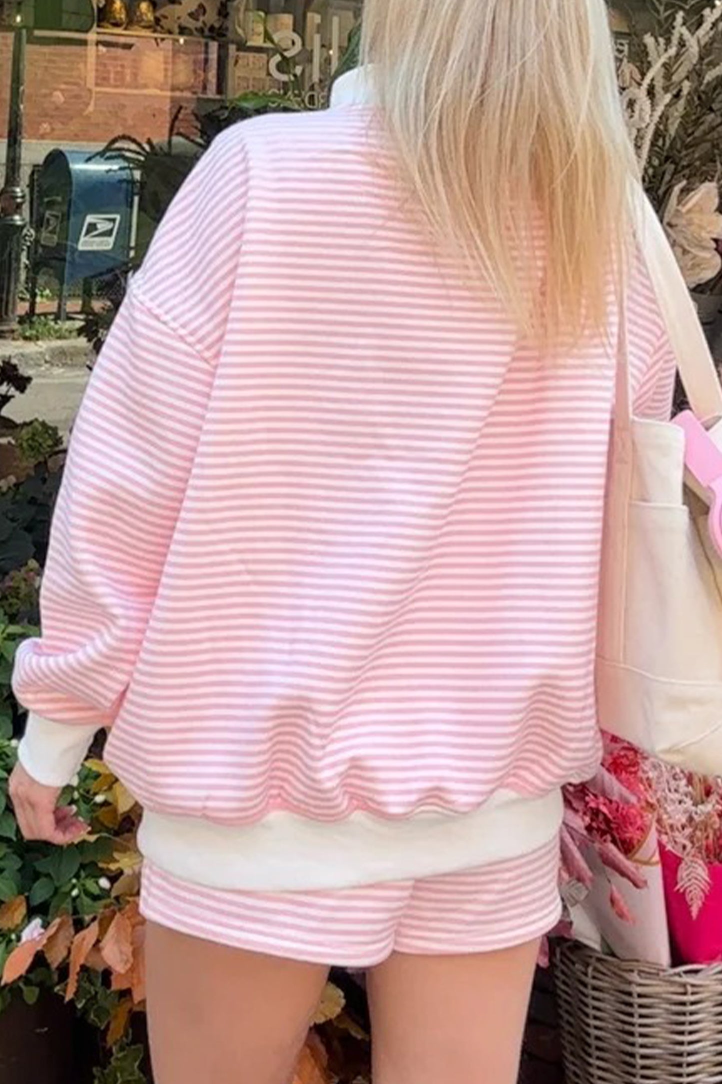 Green Stripe Oversize Mock Neck Sweatshirt and Shorts Set