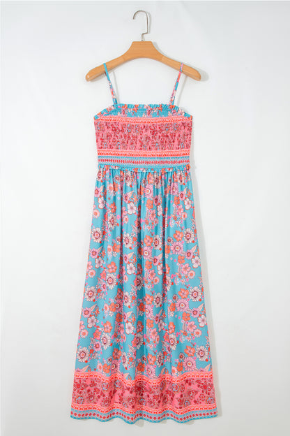 Sky Blue Bohemian Ethnic Print Spaghetti Straps Vacation Maxi Dress