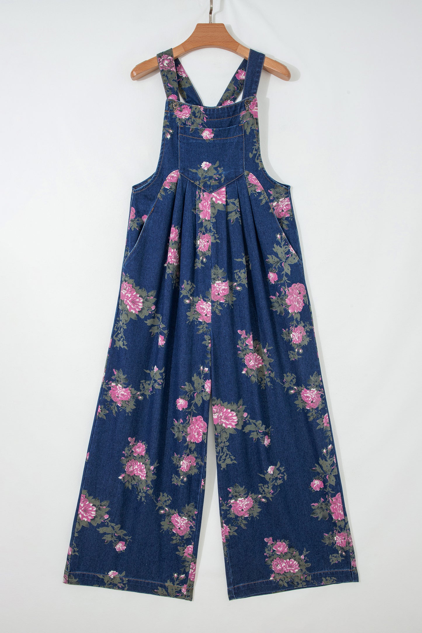 Blue Beau Floral Print Pleated High Waist Wide Leg Denim Jumpsuit