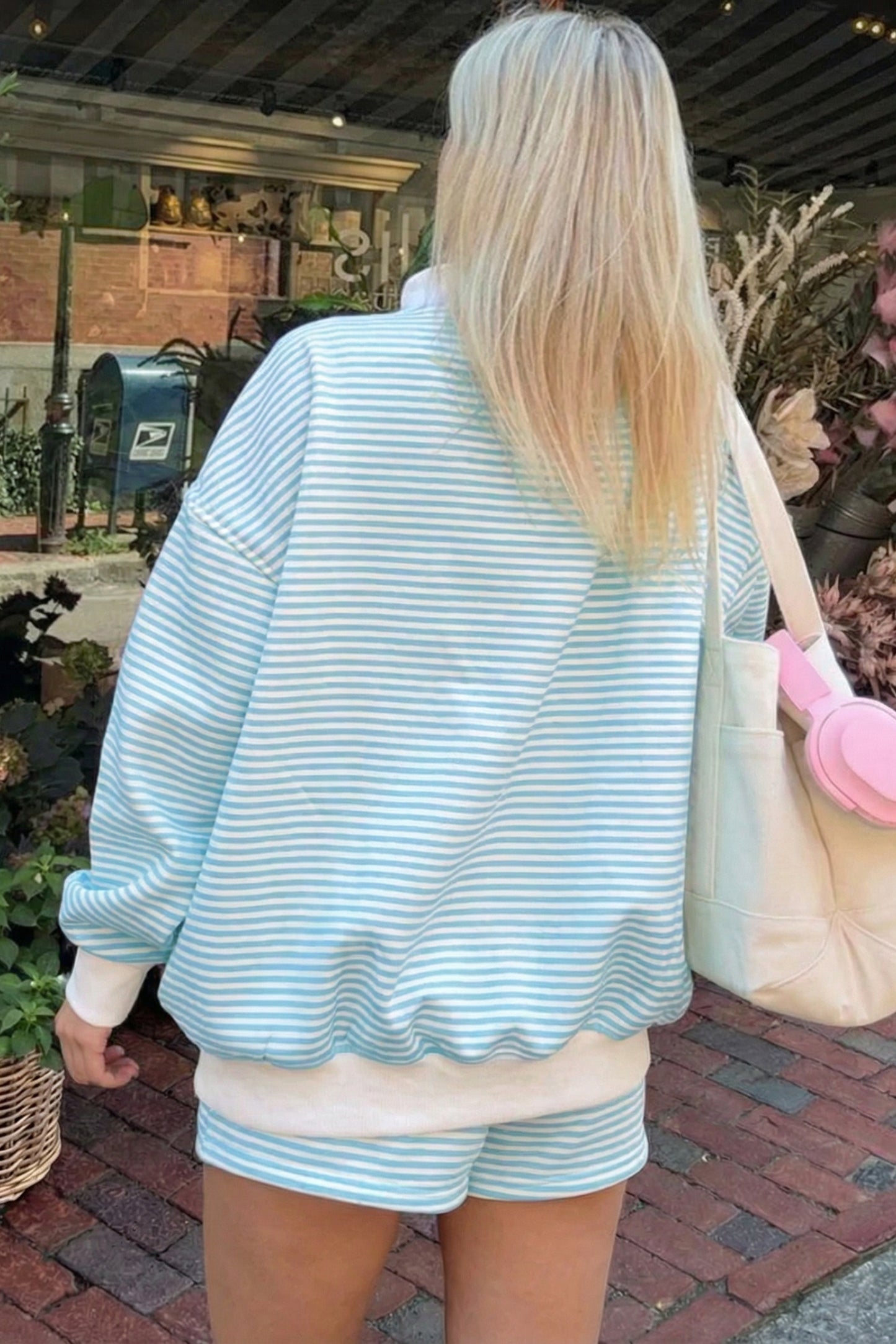 Green Stripe Oversize Mock Neck Sweatshirt and Shorts Set
