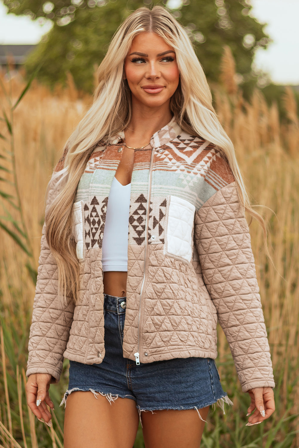 French Beige Aztec Quilted Western  Jacket