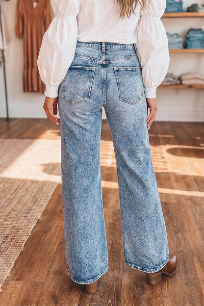 Blue Acid Wash Pocket Detail Flare Jeans