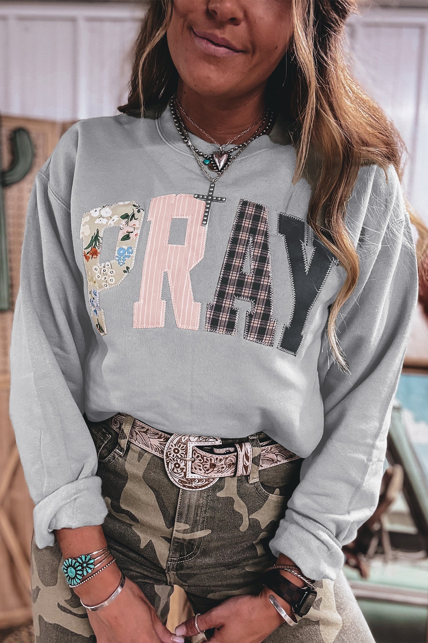Gray Floral Buffalo Plaid Striped Embroidered Patch Western Pullover Sweatshirt