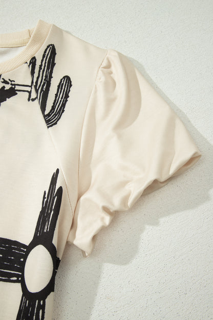 Beige Retro Western Print T Shirt