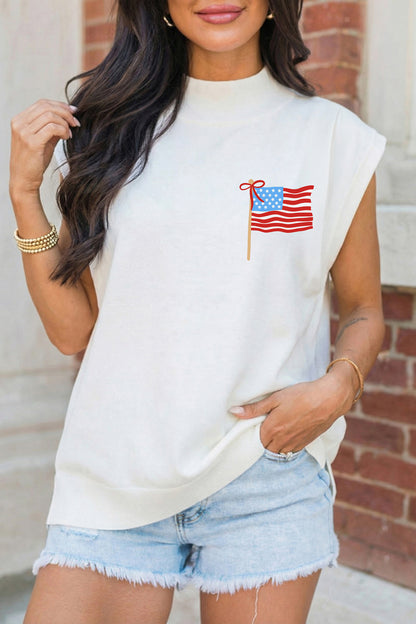 White Patriotic Flag Double Printed Mock Neck Tee
