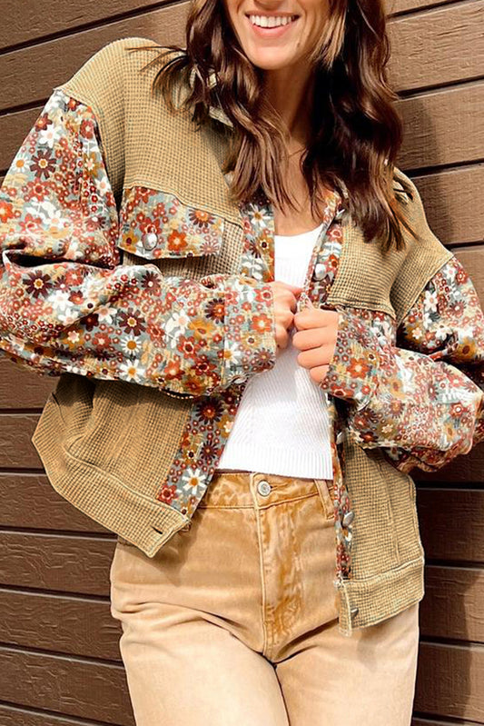 Waffle Knit Floral Print Patchwork Jacket