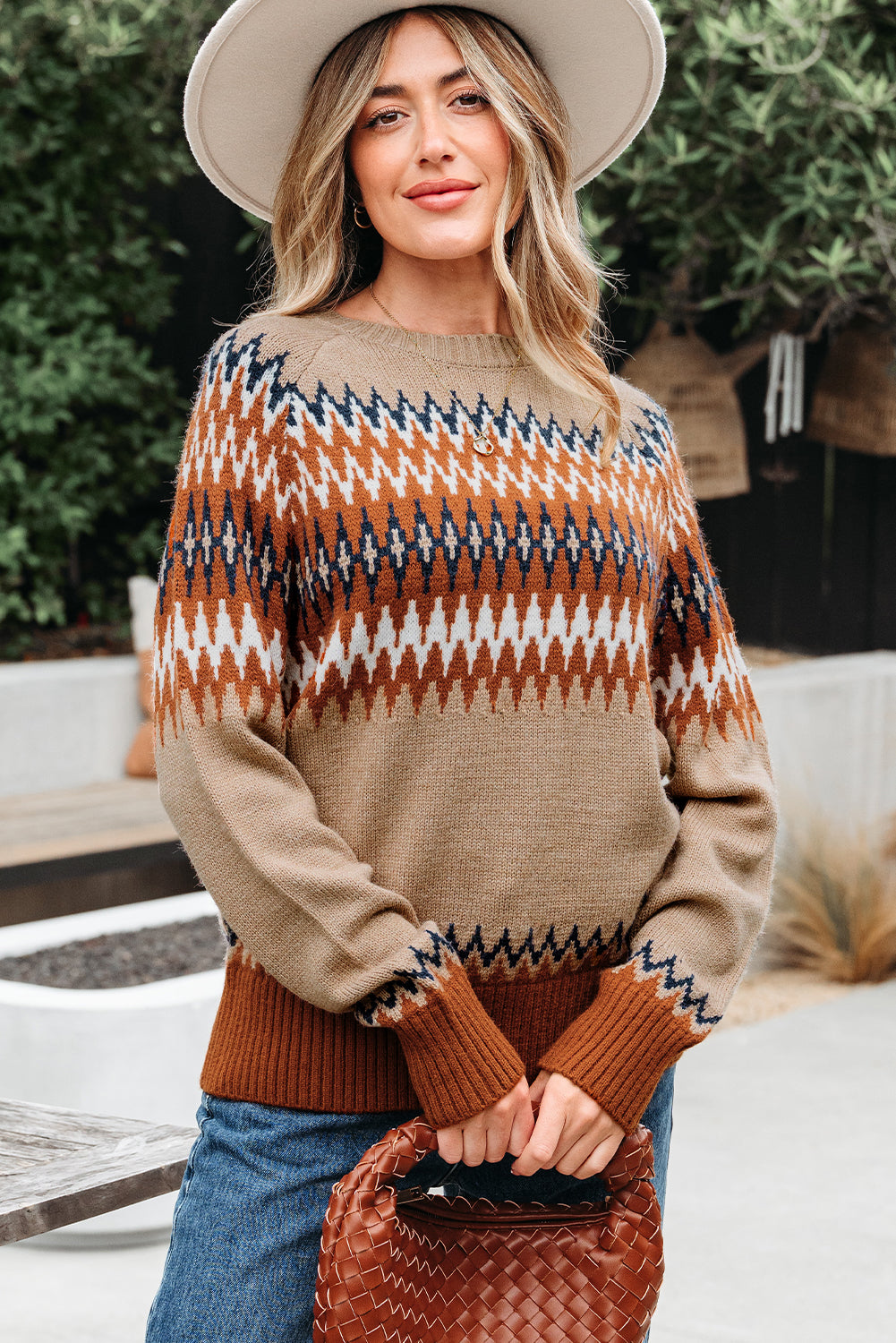 Khaki Aztec Print Colorblock Sweater
