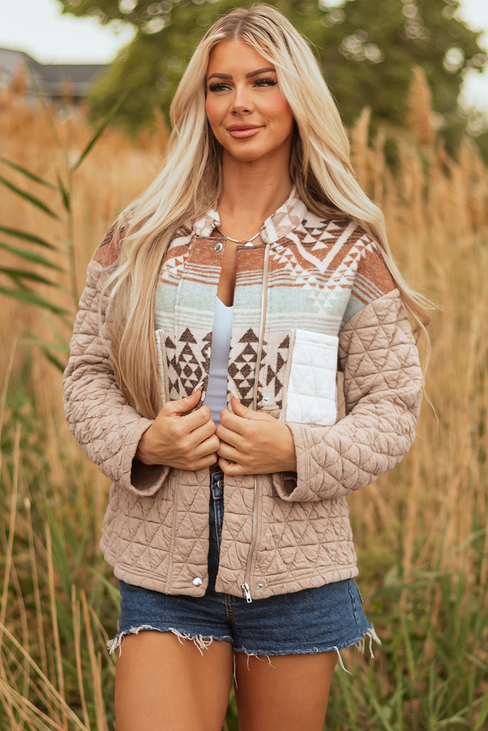 French Beige Aztec Quilted Western  Jacket