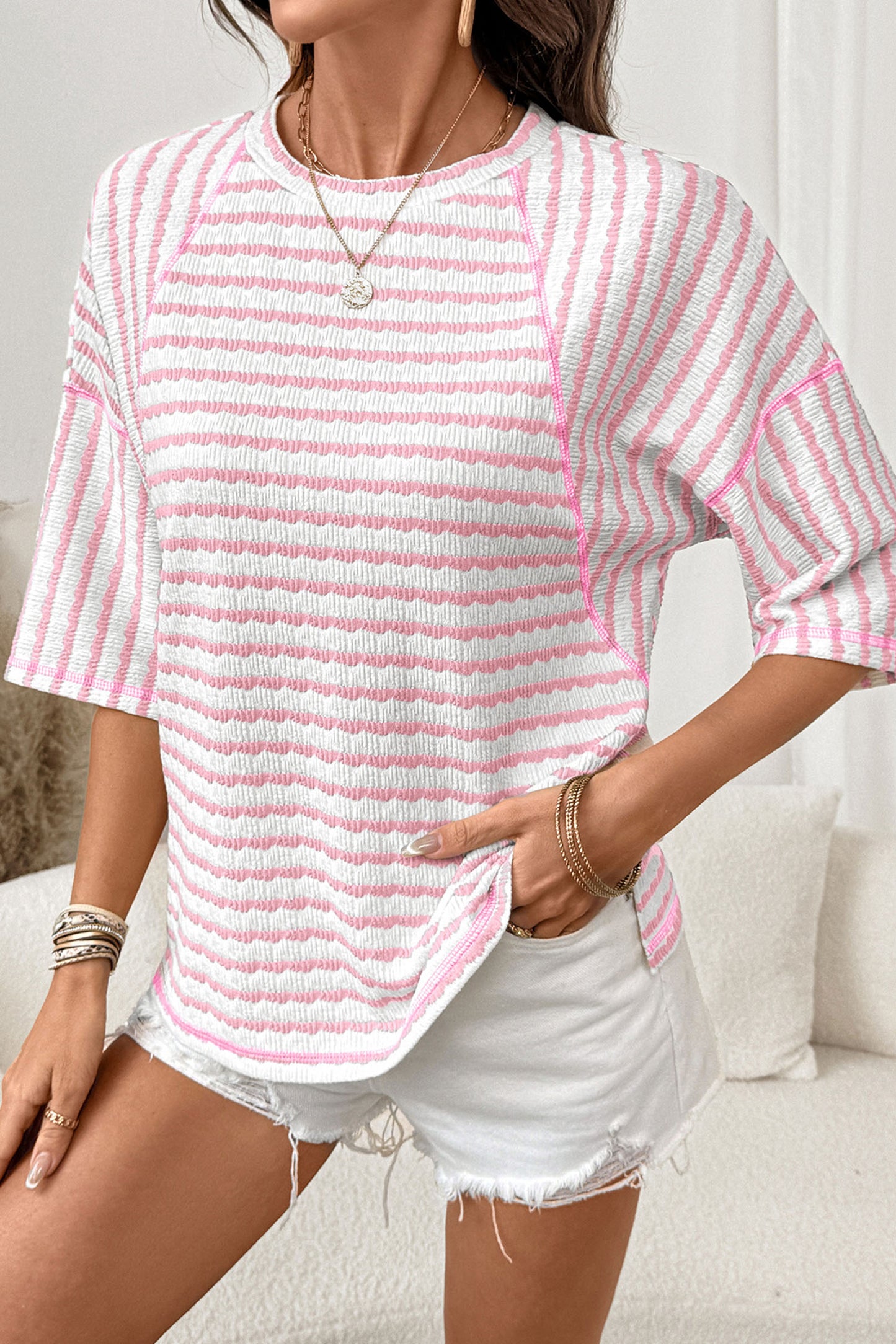 Stripe Textured Knit Half Sleeve Top