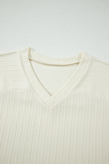 Beige Twisted Texture Knit V Neck T Shirt