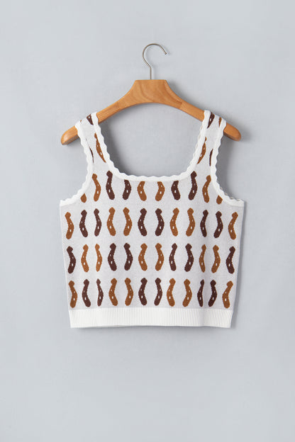 White Western Leopard/ Horseshoe Printed Scalloped Trim Square Neck Sweater Vest