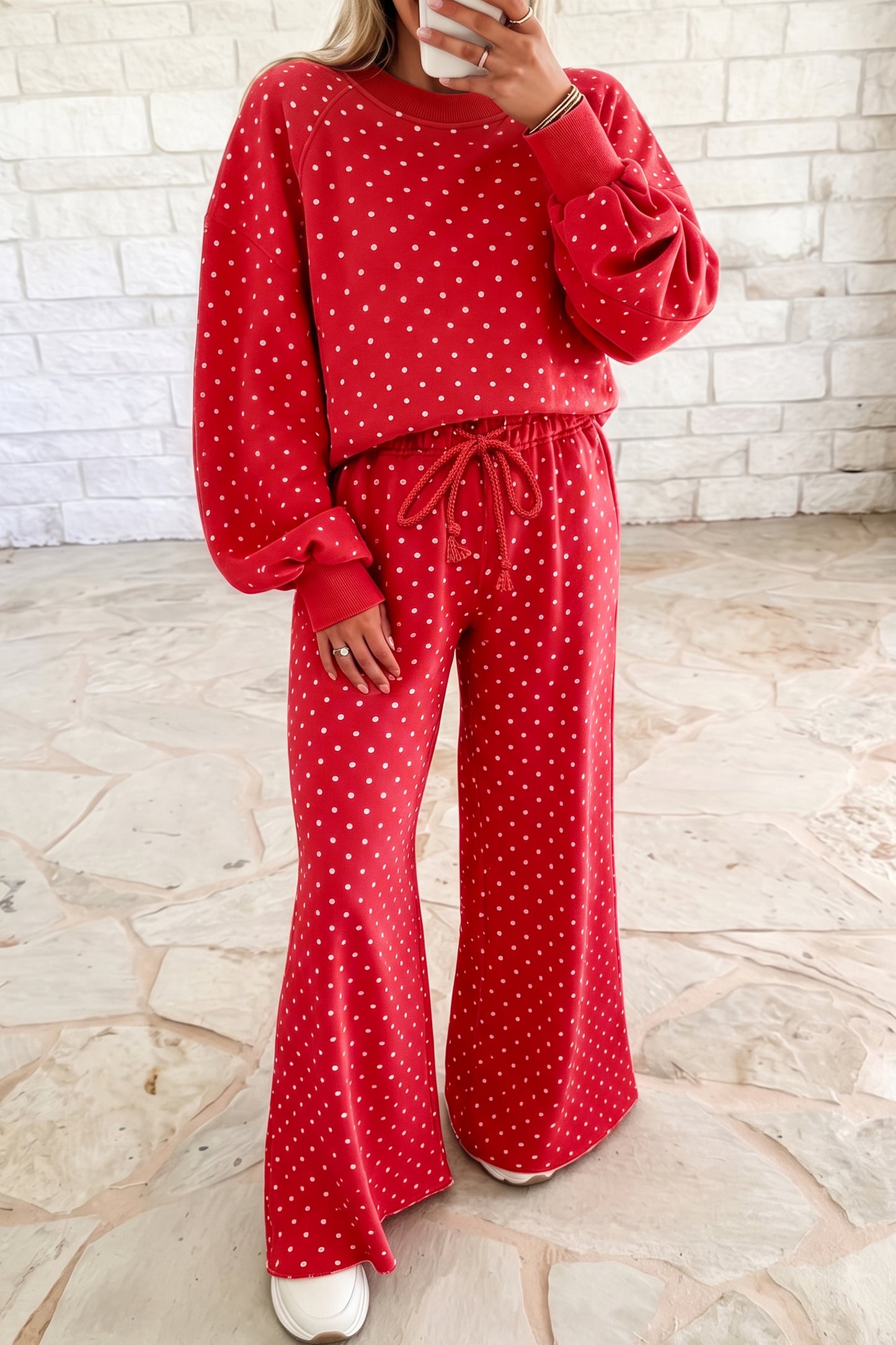 Brown Polka Dot Drawstring Wide Leg Long Sleeve Top Pant Set
