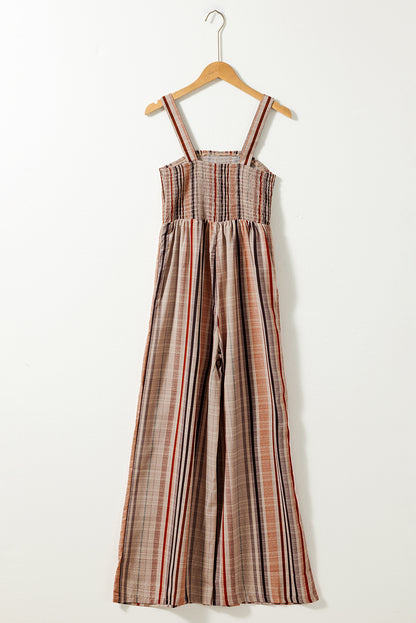 Yellow Stripe Square Neck Sleeveless Smocked Bodice Wide Leg Jumpsuit