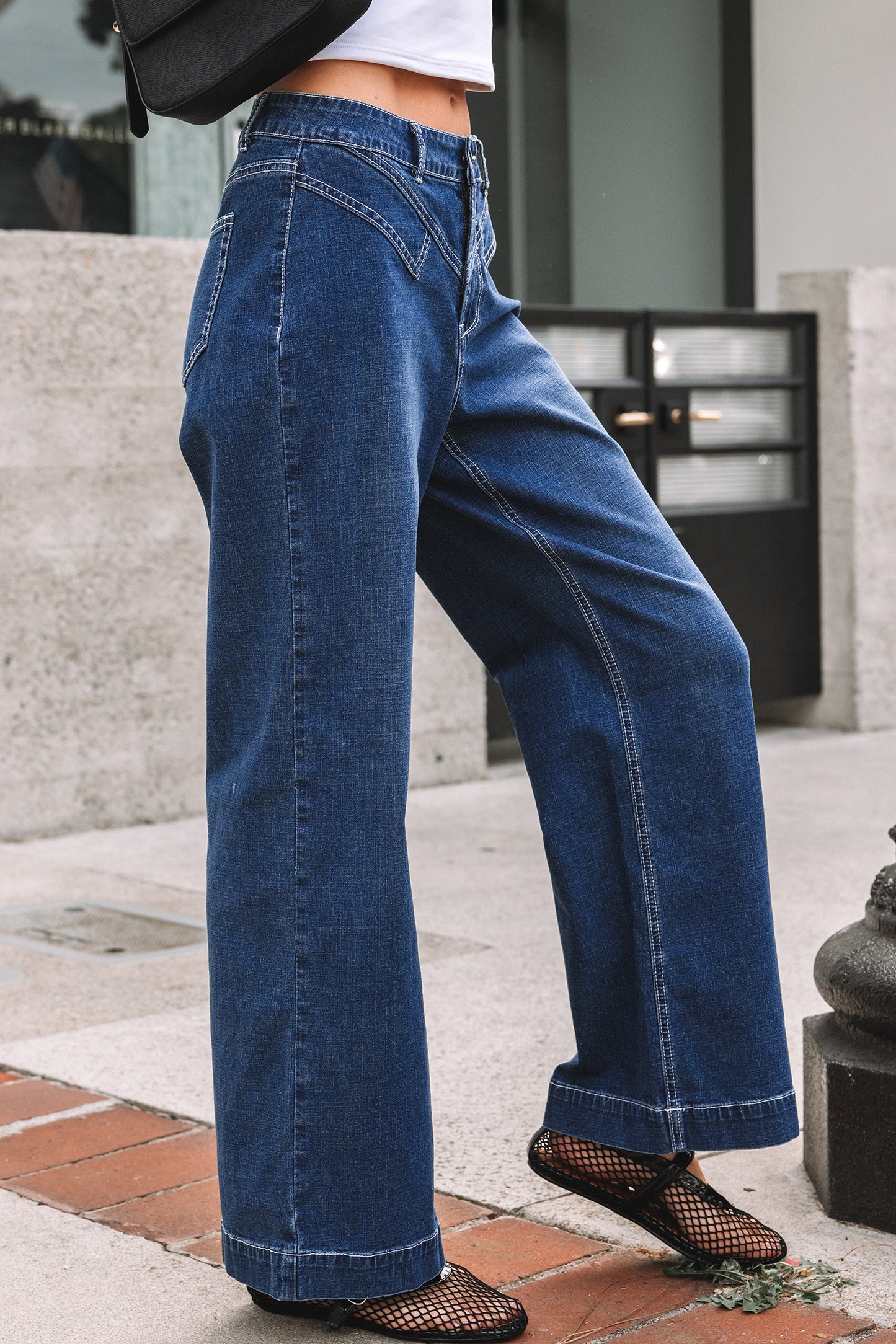 Western Stitched Waist Detail Loose Cuffed Jeans