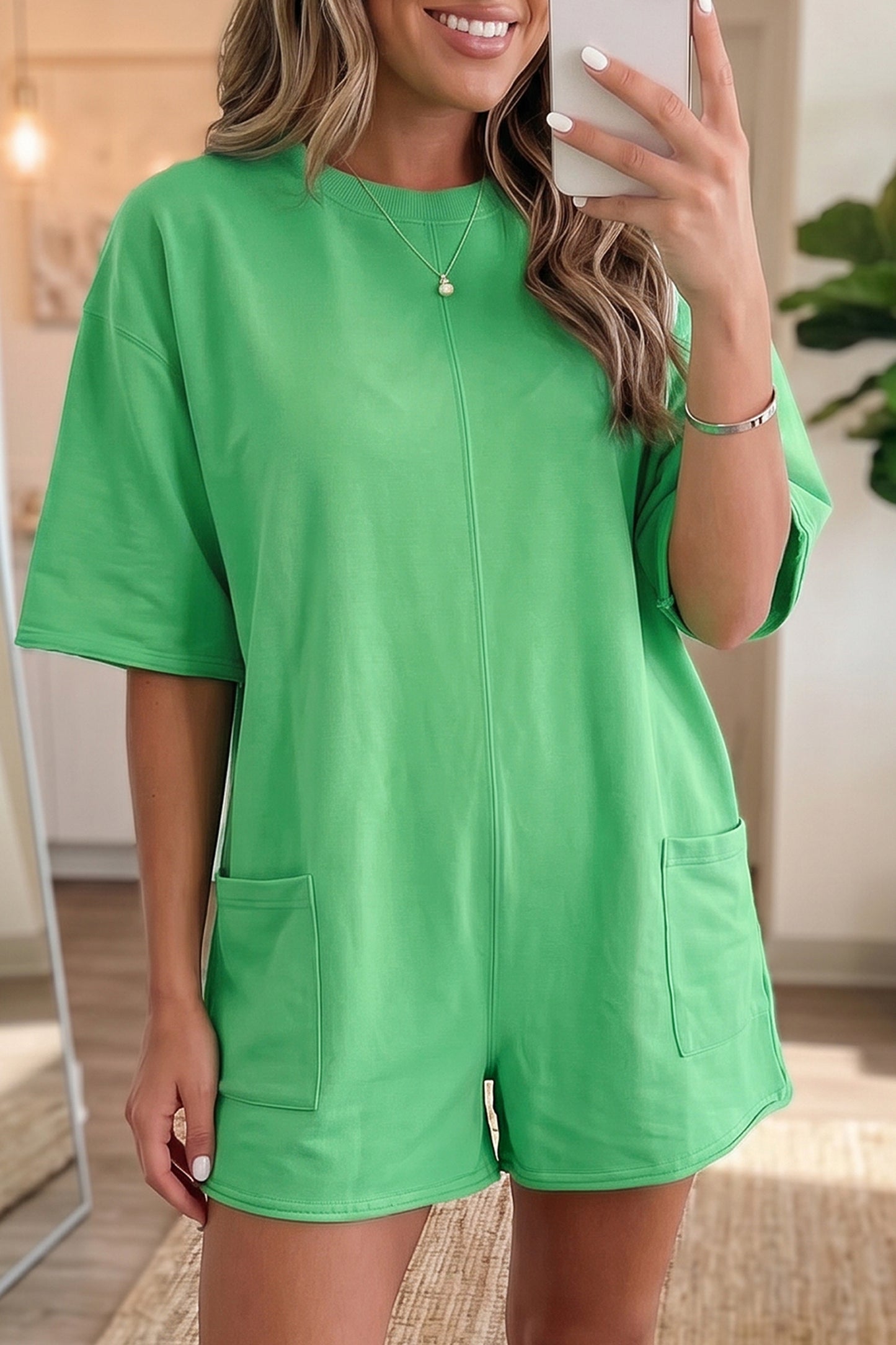 Pink Solid Color Raw Edge Half Sleeve Pocketed Loose Romper