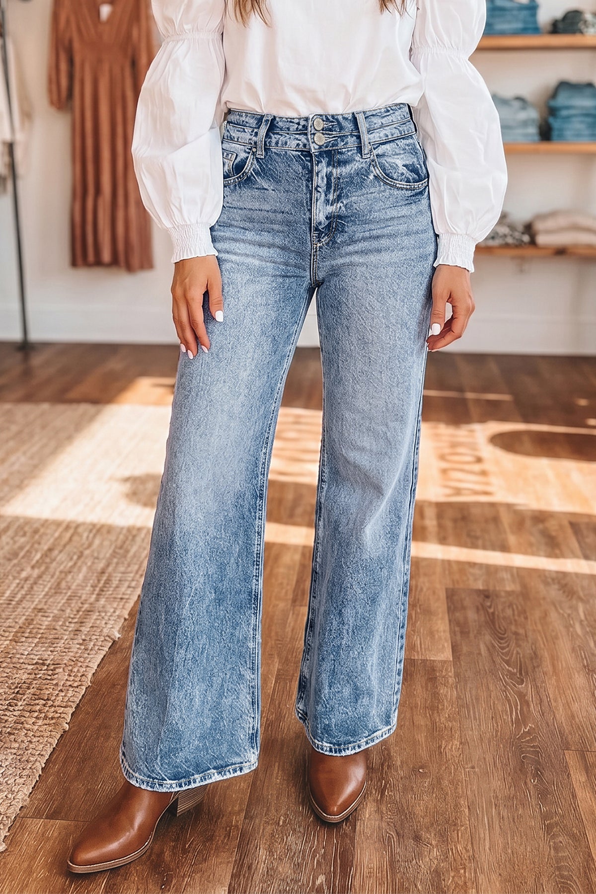 Blue Acid Wash Pocket Detail Flare Jeans