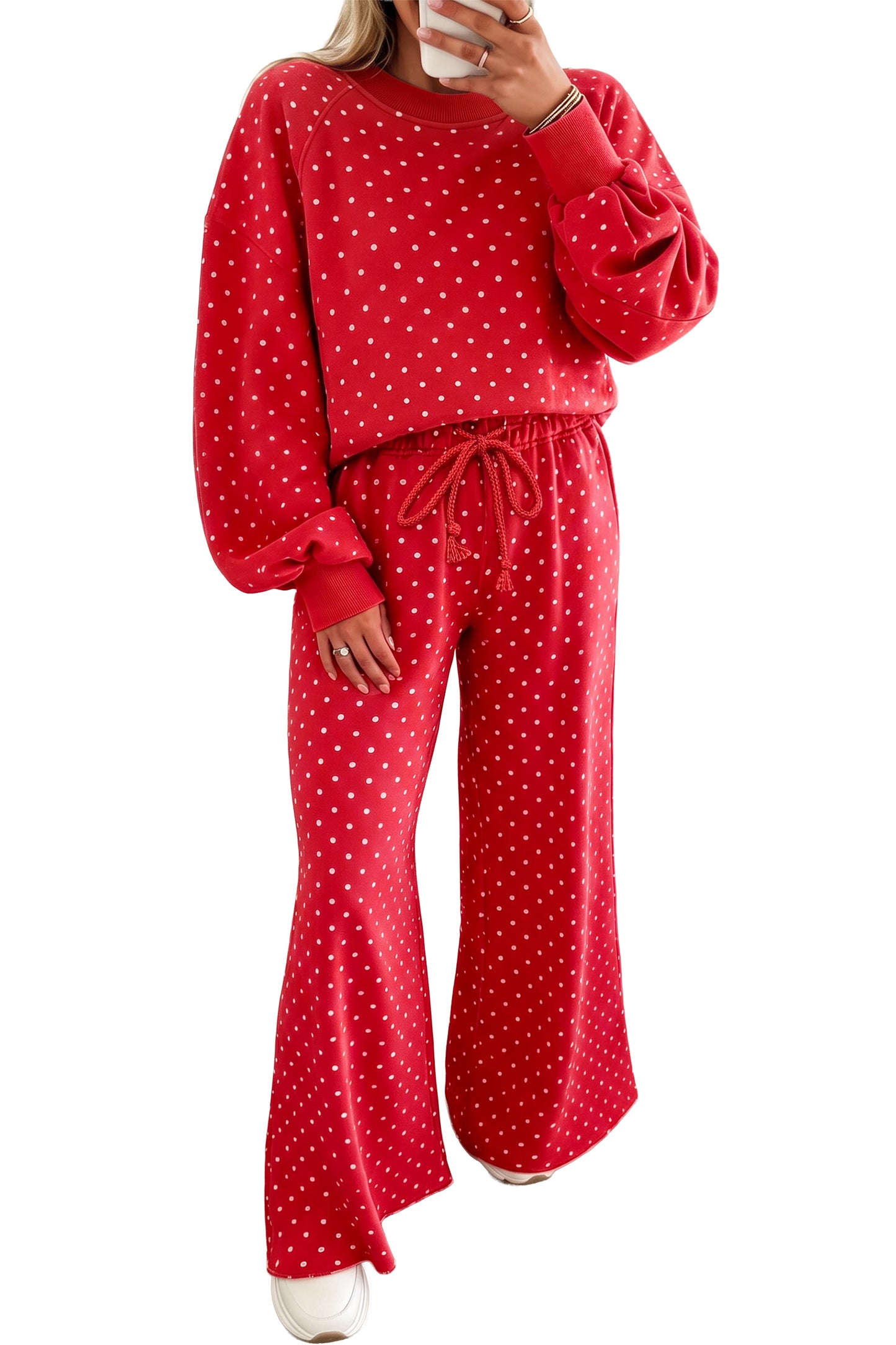 Brown Polka Dot Drawstring Wide Leg Long Sleeve Top Pant Set