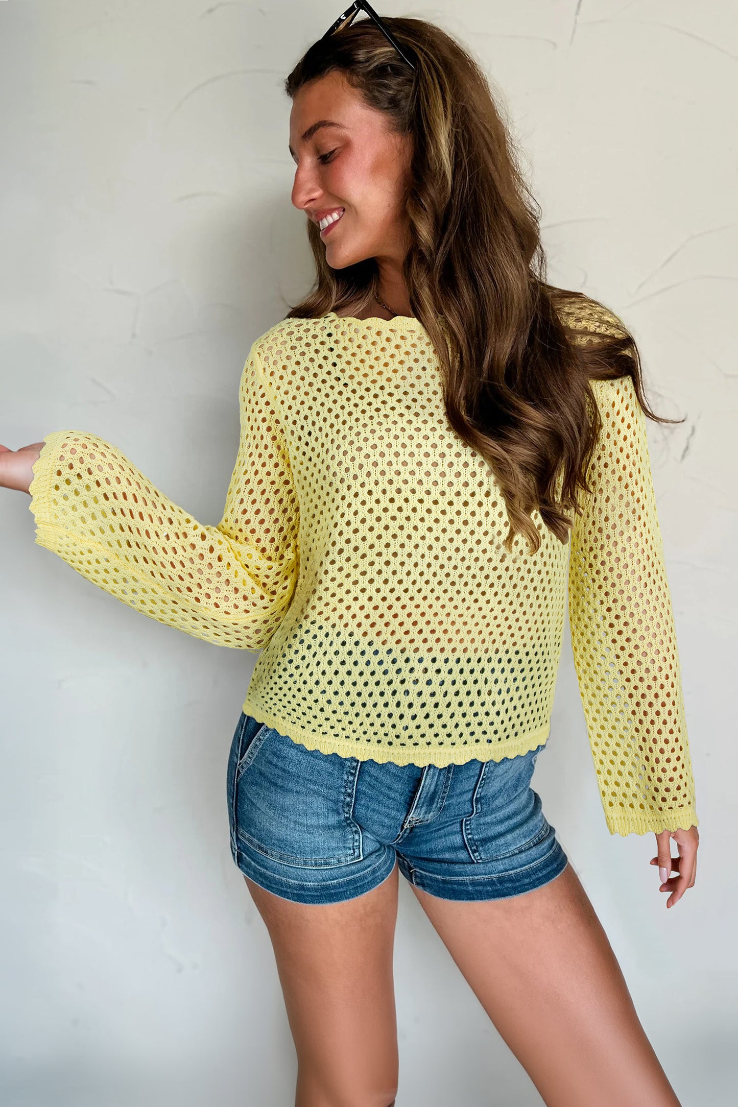 White Scalloped Trim Hollow Out Knit Long Sleeve Top