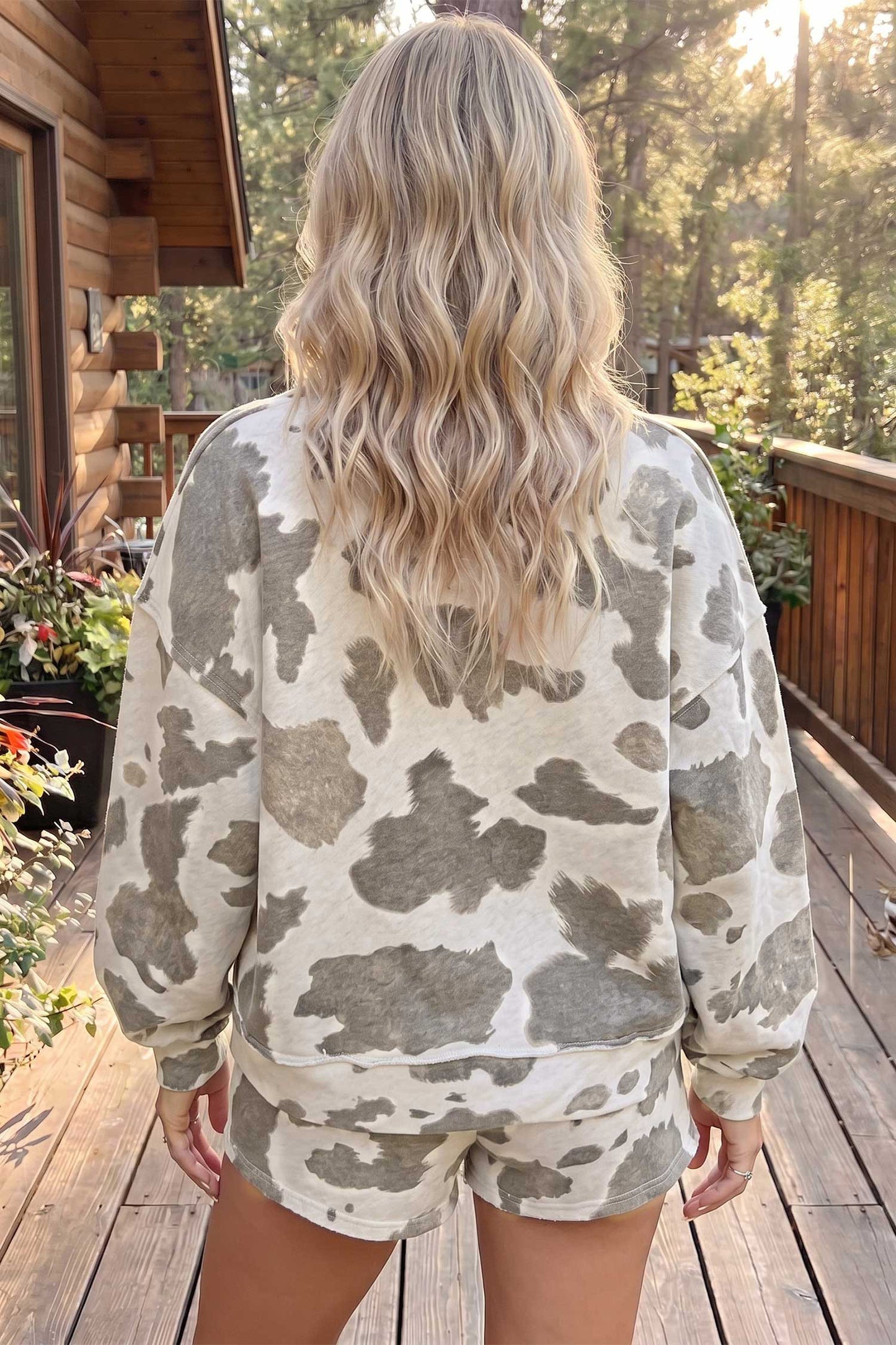 Cow Western Print Long Sleeve Top Drawstring Shorts Set