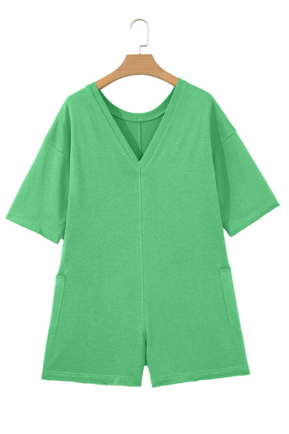 Pink Solid Color Raw Edge Half Sleeve Pocketed Loose Romper