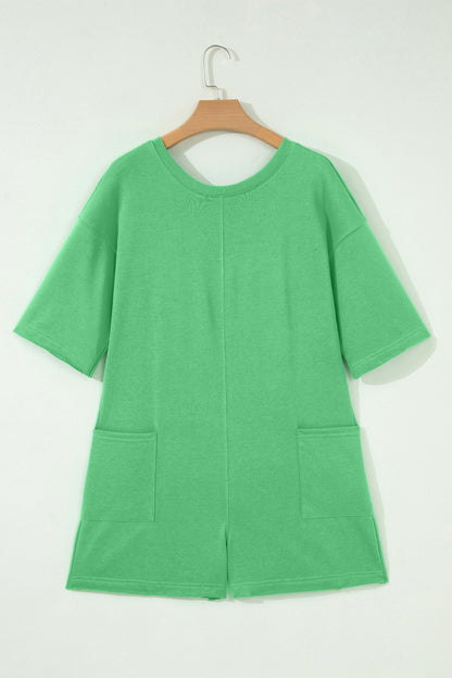 Pink Solid Color Raw Edge Half Sleeve Pocketed Loose Romper