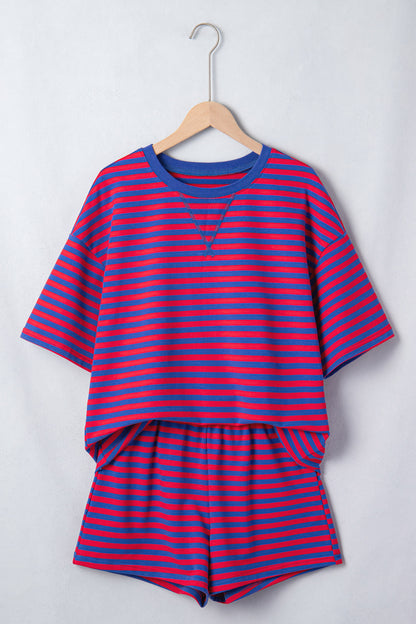 Green Stripe Striped Ribbed Cotton Two-Piece Pant Set with Chest Patch Detail