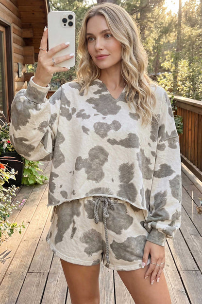 Cow Western Print Long Sleeve Top Drawstring Shorts Set