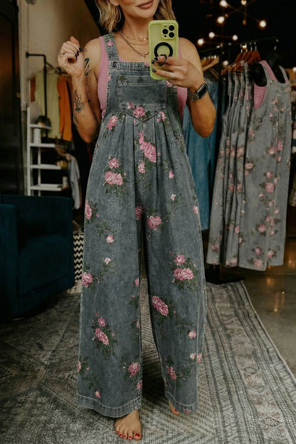 Blue Beau Floral Print Pleated High Waist Wide Leg Denim Jumpsuit