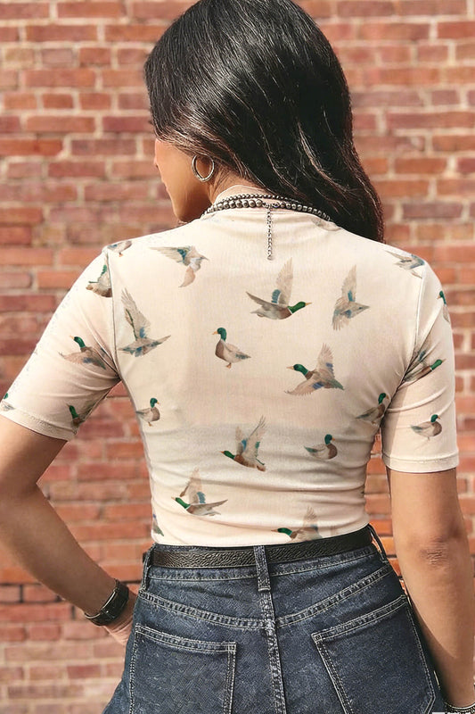 Beige Mallard Sheer Mesh Short Sleeve Top