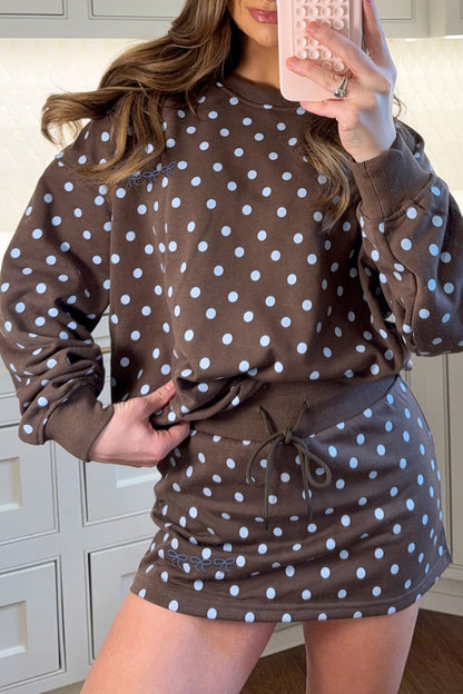 Brown Polka Dot Long Sleeve Pullover Embroidered Bow Detail 2pcs Skort Set