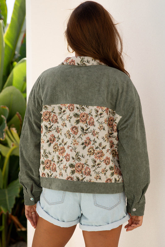 Andy Sage Green Ribbed Retro Floral Patchwork Shirt Style Jacket