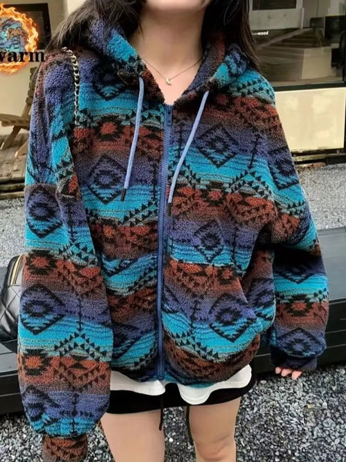 Geometric Pattern Fleece Zip-Up Jacket