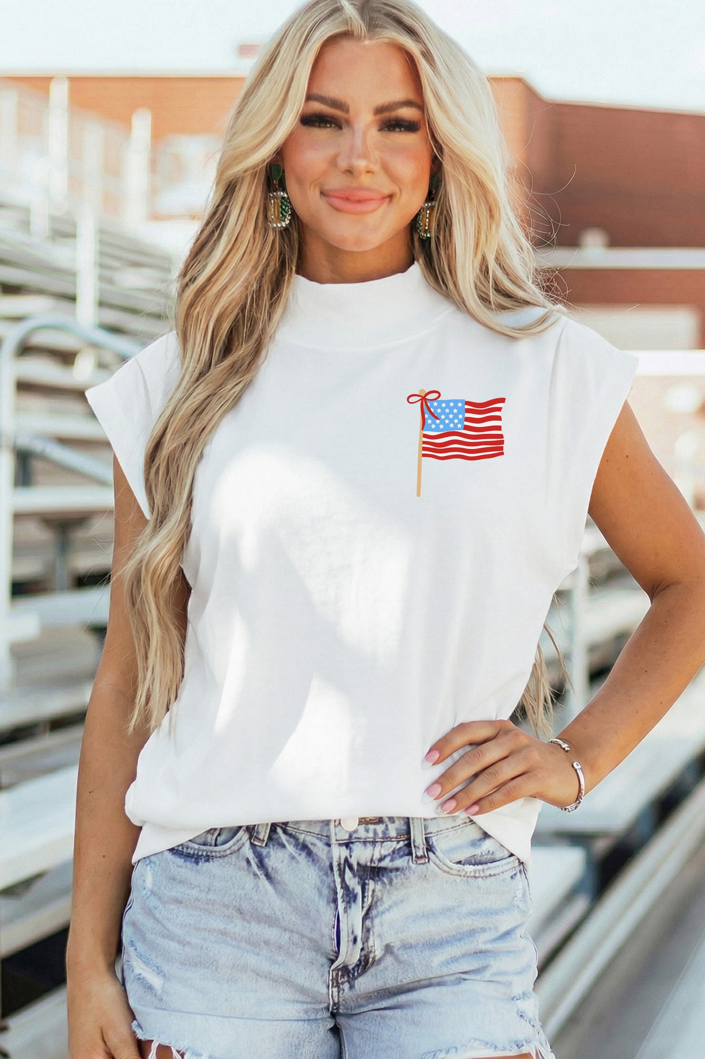 White Patriotic Flag Double Printed Mock Neck Tee