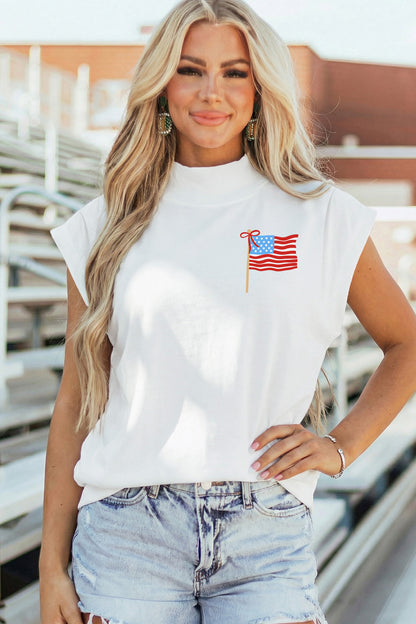 White Patriotic Flag Double Printed Mock Neck Tee