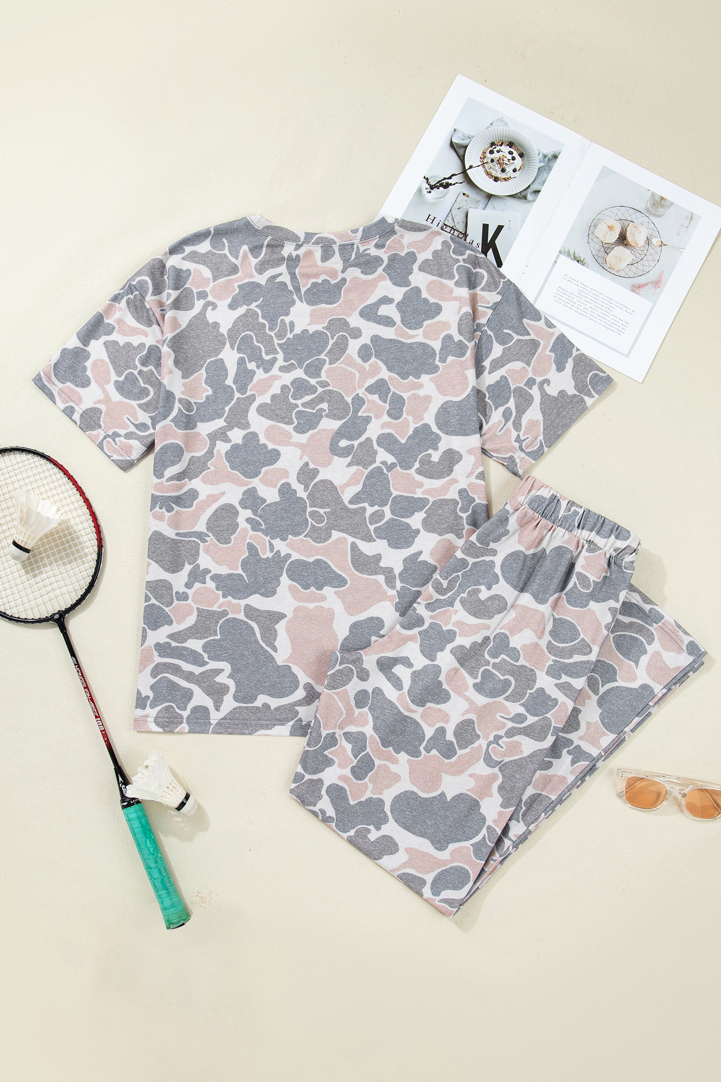 Multicolour Camouflage Short Sleeve Top and High Waist Wide Leg Pants Set