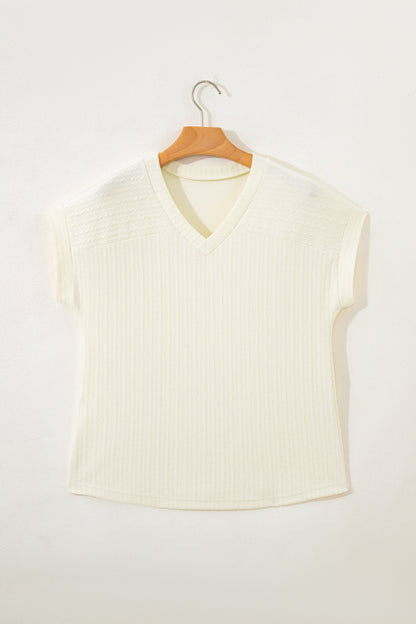 Beige Twisted Texture Knit V Neck T Shirt
