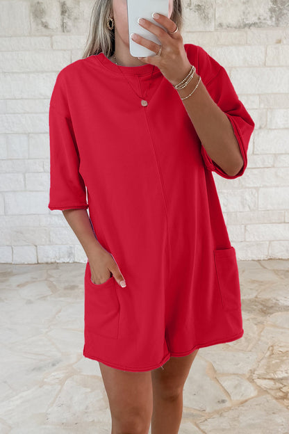 Pink Solid Color Raw Edge Half Sleeve Pocketed Loose Romper